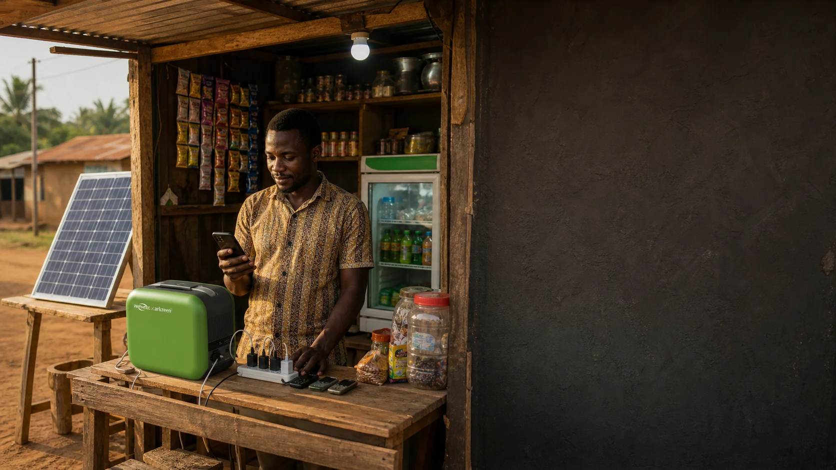 A Nigerian shop operator using an eCandle 500W Solar Kit for lighting, phone charging, mobile money and a small refrigerator.