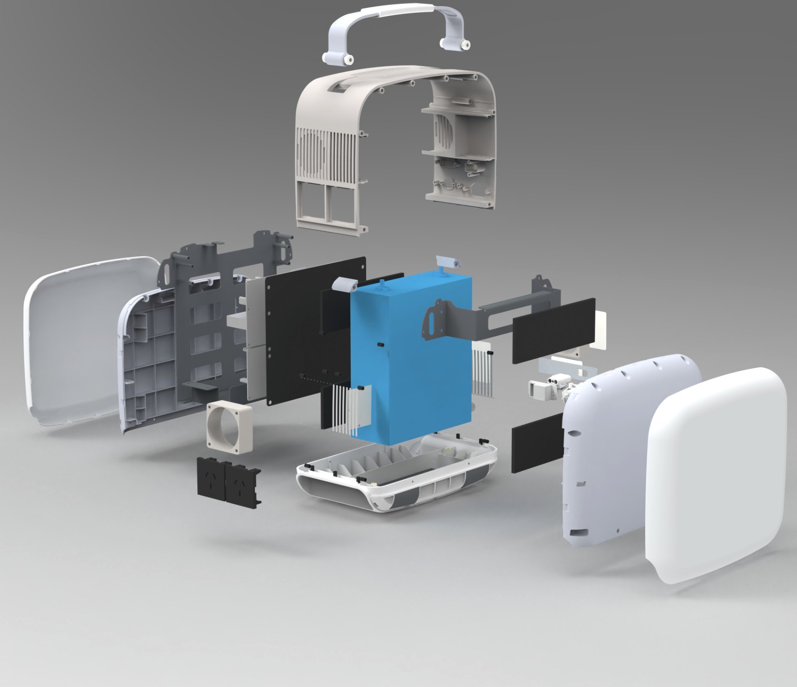 eCandle 1 exploded view — enclosure, chassis, inverter boards, battery pack, cooling and interfaces